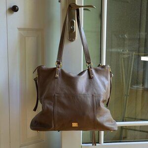 Kooba Tote Handbag Shopper Everette Leather Taupe Gray Zippers Tassels Large